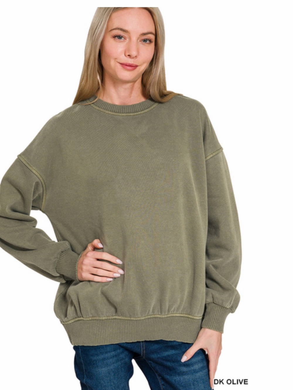 195 ❤️ dk olive ZENANA PIGMENT DYE FLEECE OVERSIZED PULLOVER